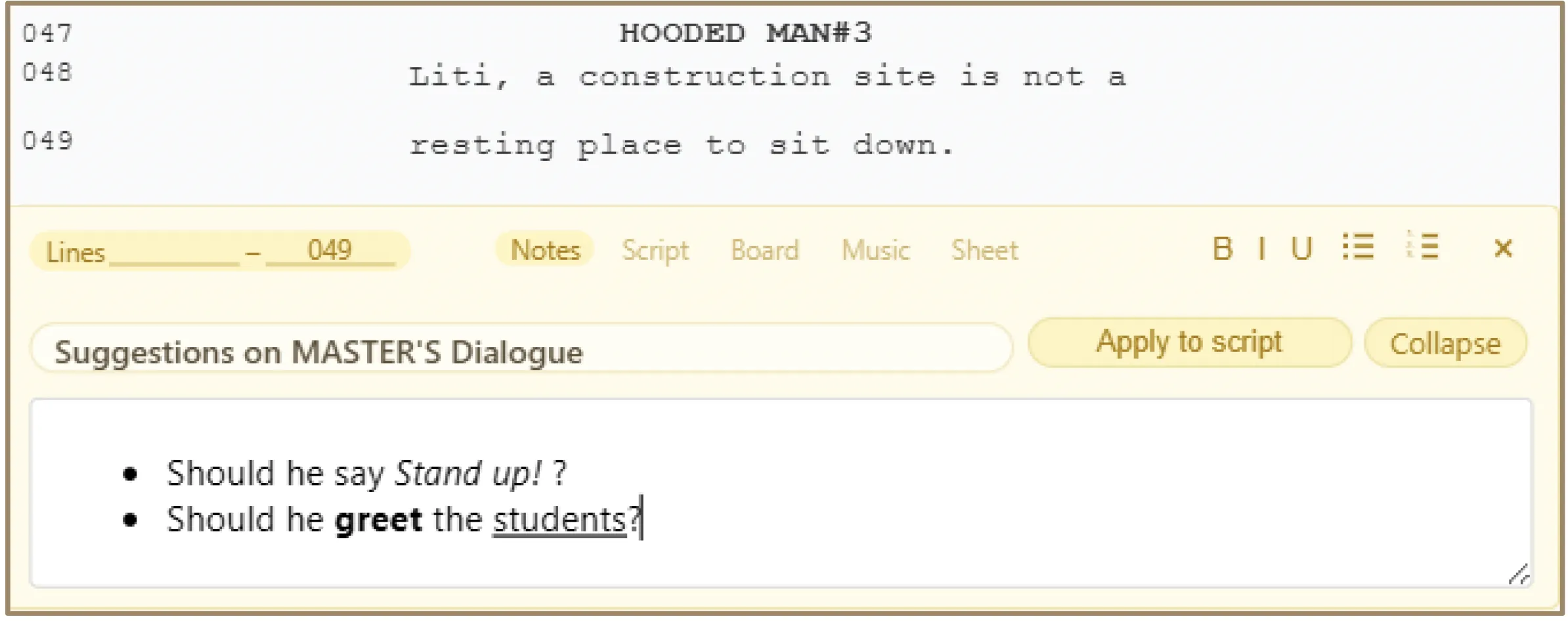 Notes injection text field with Lines Range header and formatting toolbar